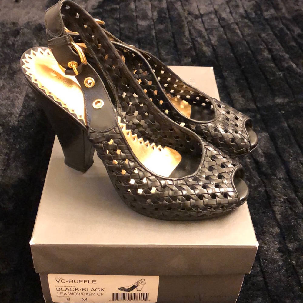 Vince Camuto Black “Lea Woven” Leather Heels